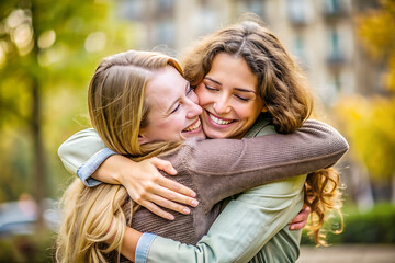Fototapeta premium A genuine emotional connection as well as a sincere hug friend after a long time