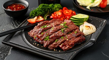 A close-up shot of a delicious dish of stir-fried beef with sesame seeds and green onions in a black bowl. Chopsticks are used to lift a piece of meat