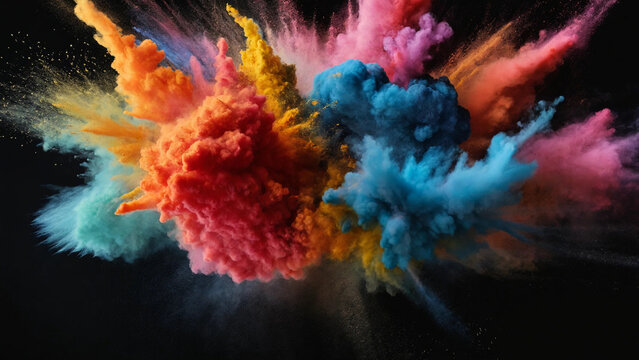 Explosion of colored powder on black background, 16:9 with copyspace, 300 dpi