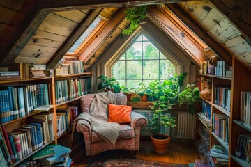 Naklejka premium Cozy Attic Reading Nook with Skylight, Comfortable Chair, and Extensive Book Collection