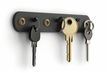 Black magnetic key holder with three keys, white background