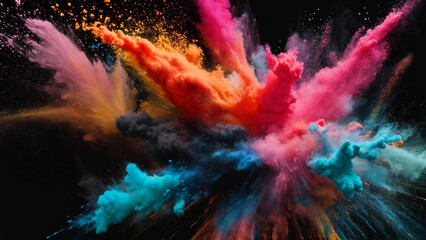 Explosion of colored powder on black background, 16:9 with copyspace, 300 dpi