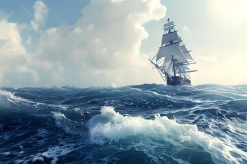 Fototapeta premium a wallpaper featuring a vast, realistic ocean expanse with a majestic sailing ship navigating through rough waves