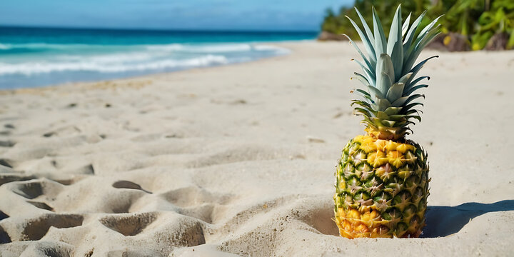 A ripe pineapple nestled in the sand on a tropical beach, evoking a sense of summer vacation and exotic destinations. Perfect for travel, food, and lifestyle themes.

