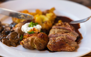 Served food on a white plate. Lunch on a plate.