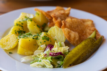 Served food on a white plate. Lunch on a plate.
