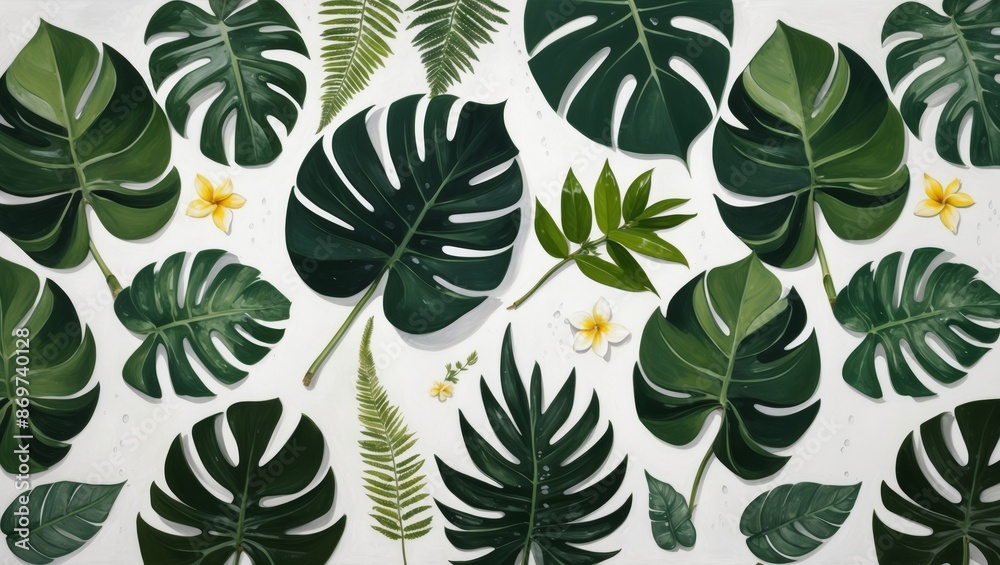 Canvas Prints A flat lay of tropical leaves and flowers on a white background