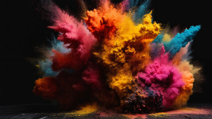 Explosion of colored powder on black background, 16:9 with copyspace, 300 dpi