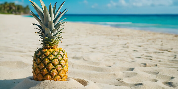 A ripe pineapple nestled in the sand on a tropical beach, evoking a sense of summer vacation and exotic destinations. Perfect for travel, food, and lifestyle themes.

