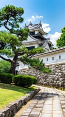 Obraz premium A serene Japanese garden courtyard with lush greenery, stone pathways, and towering pine trees