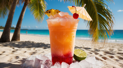 Bahama Mama cocktail drink rumbased, party at sandy sunny beach with palm trees at ocean shore seashore