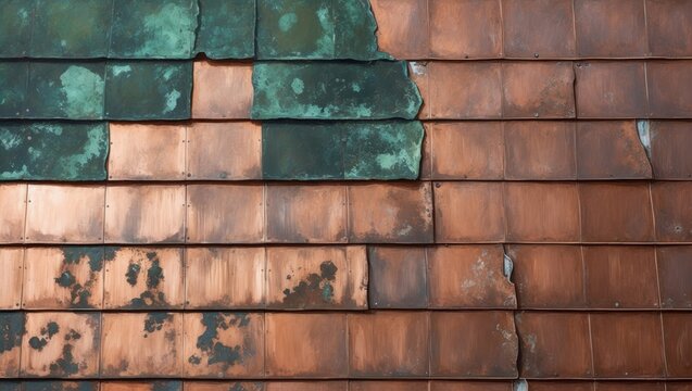 A close-up of weathered copper roof tiles with green patina and cracks