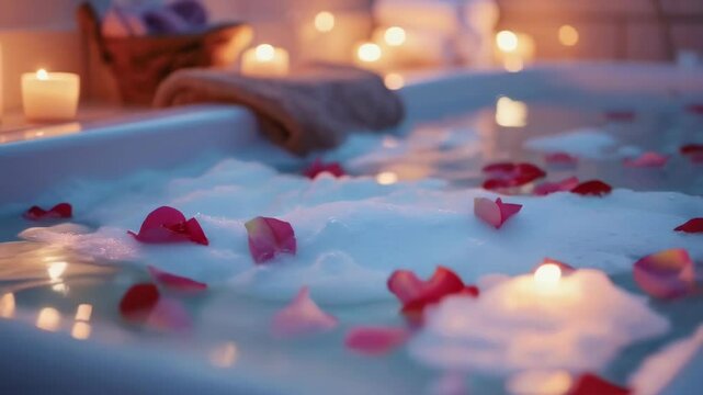 A beautifully prepared bathtub filled with bubbles and scattered rose petals is surrounded by lit candles, creating a soothing and romantic ambiance. Evening setting.