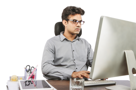 Profit Stock A stock trader or a skilled financial analyst focused on market analysis and trading strategies, carefully examines stock market trends and financial data in a professional office.