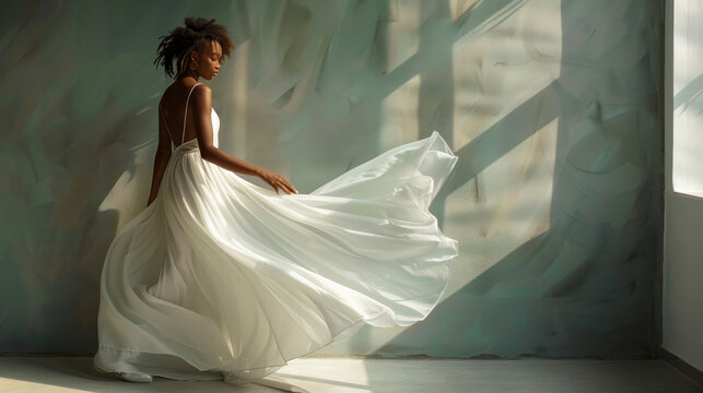 Realistic photo of european girl supermodel wearing white elegant modern dress. High resolution portrait of professional model posing in perfect lighting environment.