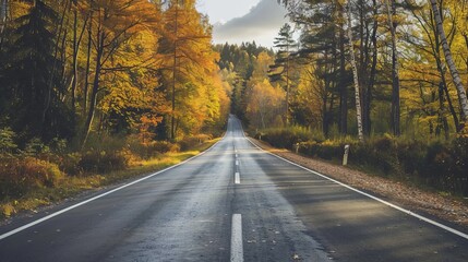 Fototapeta premium Empty road through autumn forest. Scenic view of an empty road winding through a forest with colorful autumn foliage.