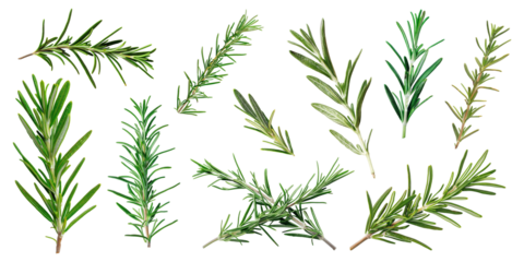 Collection of Rosemary twig and green leaves for garnish food menu isolated on background, flat lay of fresh vegetable herb.