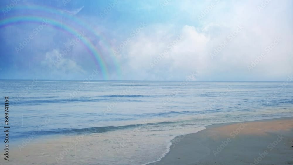 Wall mural storm's end double rainbow promise 4k loop features ocean waves crashing onto the shore with a light