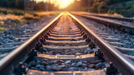 Railroad tracks at sunset. Golden sunset over railroad tracks, symbolizing travel, journey, and new beginnings.