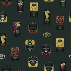 Seamless pattern with ornate wine labels in retro style. Repeating vector background on the theme of wine and wineries. Suitable for vintage Wallpaper, wrapping paper, fabric