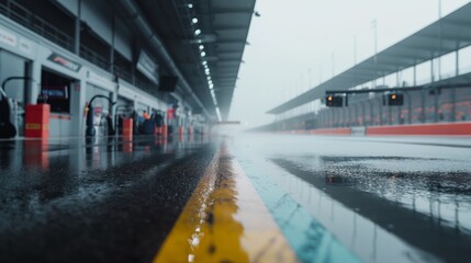 Wet race track pit lane on a rainy day, reflective surface, extra-wide angle, empty and ready, motorsport atmosphere.