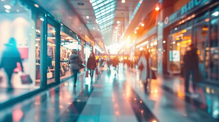 Fototapeta premium Busy shopping mall with blurred people. Blurred shoppers walking in a brightly lit modern shopping mall, perfect for retail and consumerism themes.