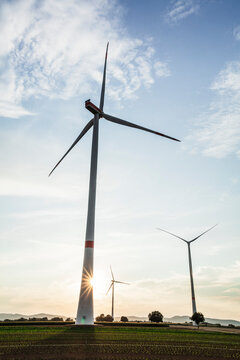 Windfarm surrounded by fields of corn, wheat and sunflowers with blue skies and clouds. Freckenfeld, Germany