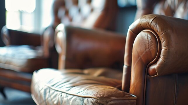 Leather armchair close up. Close up image of a leather armchair, with a shallow depth of field, emphasizing the texture and craftsmanship of the furniture.