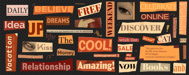 Collage elements kit. Cutout magazine text. Ransom letter for note. Retro scrapbook type. Modern ripped orange paper isolated on transparent background as a png