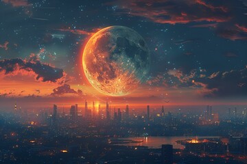 Obraz premium Moon shining brightly over city skyline at night.