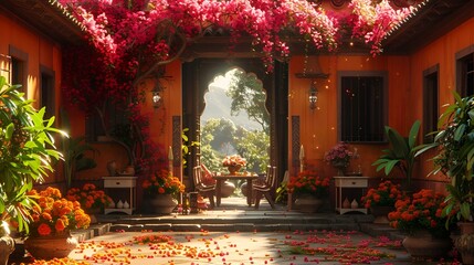 A courtyard featuring vibrant flowers and a table for outdoor dining.