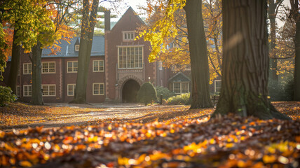 Autumn courtyard of an old school, covered with yellow leaves, on a warm sunny day. Beginning of the school year. Students and teachers rejoice in meeting after summer vacation. The educational .