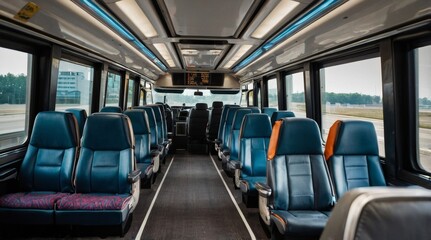 Interior of cab airport transfer bus with driver in mo