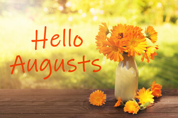 Hello August. Country landscape with calendula flowers in sunlight. Summer season background © Olga Ionina
