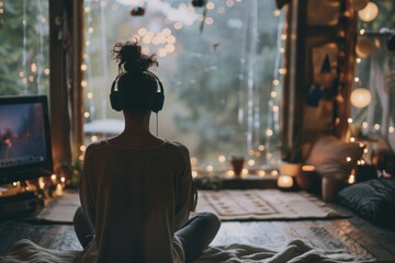 Obraz premium Guided Meditation Session with Headphones in Cozy Room Overlooking Wintery Landscape