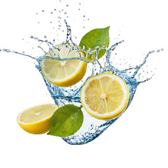 Three lemon halves with green leaves splash through water, conveying freshness and zest. Perfect for food, beverage, and cleaning product advertising.