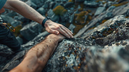 Obraz premium close up hands adventurers helping each other to climb the mountain