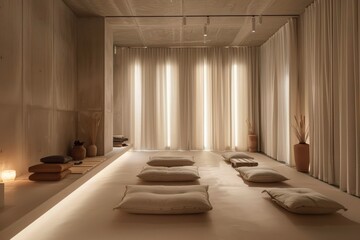 Fototapeta premium Minimalist Meditation Space for Relaxation and Mindfulness with Soft Cushions and Serene Decor
