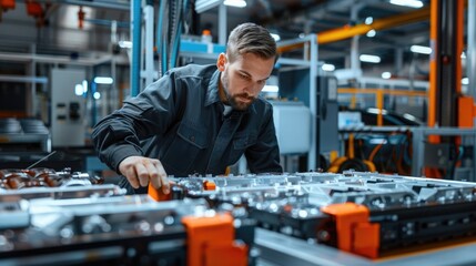 Engineer closely examining EV battery modules on a workbench, emphasizing technological advancements and accuracy. EV car energy storage
