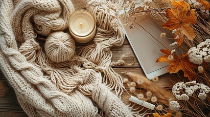 luxury feminine workspace with digital tablet pad mockup macrame handbag candle pen dried flowers,autumn decor autumn fall boho style flat lay top view copy space.stock photo