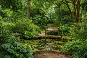 Serene Garden with Small Pond, Bench, and Lush Greenery for Relaxation and Nature Retreat