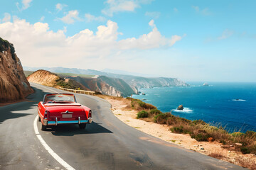 A high-quality image of a convertible driving along a scenic coastal road, with the ocean on one side and cliffs on the other, capturing the freedom of a road trip