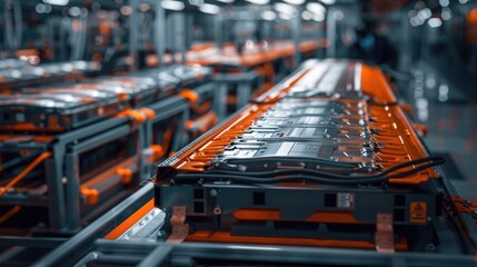 Close-up of EV battery packs being installed in a factory, showcasing advanced manufacturing and technology processes. EV car energy storage