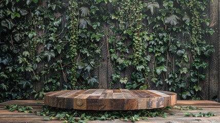 Naklejka premium A rustic podium made of reclaimed wood set against a wall covered in ivy, perfect for organic or eco-friendly products.