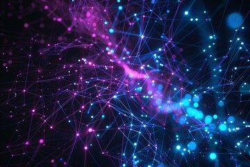 Obraz premium A vivid display of interconnected neon lights in pink and blue shades forming abstract network patterns against a dark background.