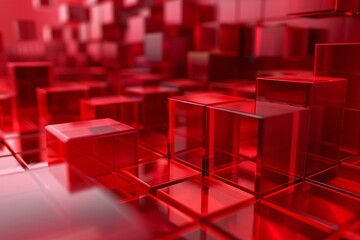 A dynamic assemblage of glossy red glass cubes forming an abstract geometric pattern with a sense of depth and vibrant hue.