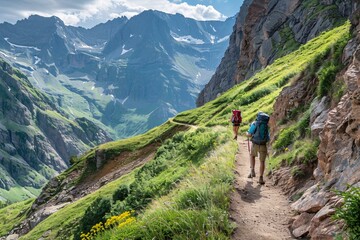 Obraz premium Two hikers with backpacks walking along a scenic mountain trail surrounded by lush green vegetation and towering peaks under a partly cloudy sky.