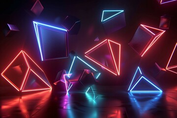 Fototapeta premium A stunning digital representation of various geometric shapes illuminated with vibrant neon lights in blue and red hues, set against a dark background.