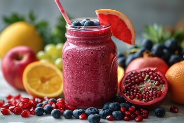 A colorful smoothie in a glass jar with a straw, surrounded by fresh fruits and vegetables on a white wooden background.