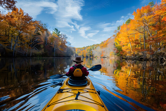 A vibrant shot of a kayaker paddling through a calm river, with autumn foliage reflected in the water and a clear sky above